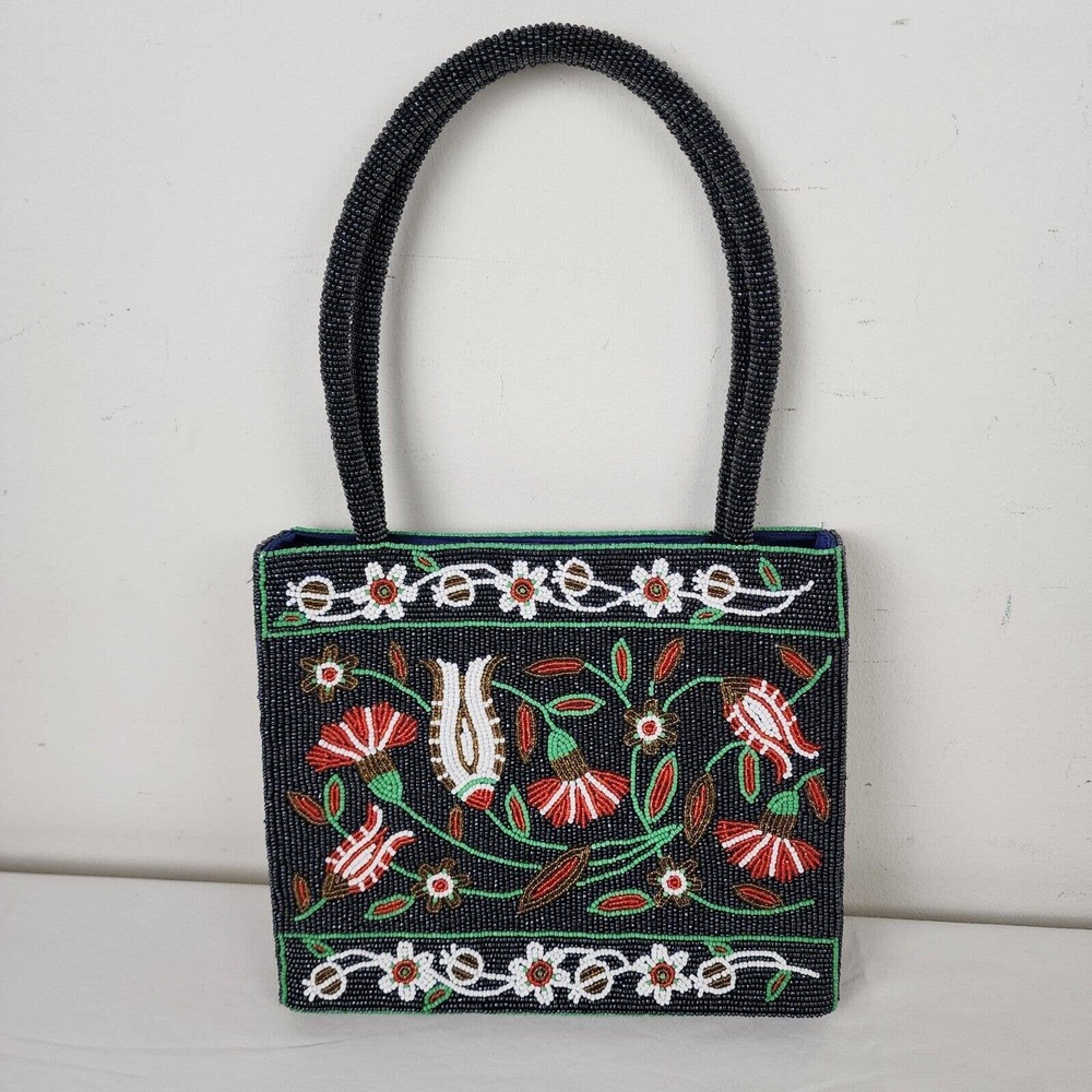Vintage Handbag Glass Seed Beaded Floral Purse Black Red Flower Vietnamese - Picture 3 of 11